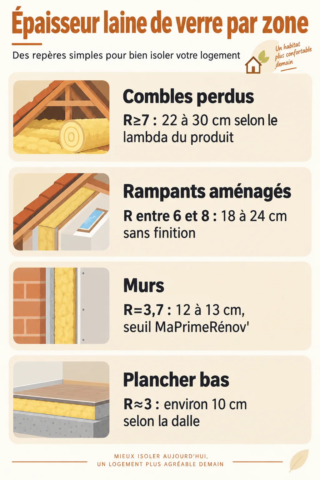 Épaisseur laine de verre par zone : Combles perdus, Rampants aménagés, Murs, Plancher bas