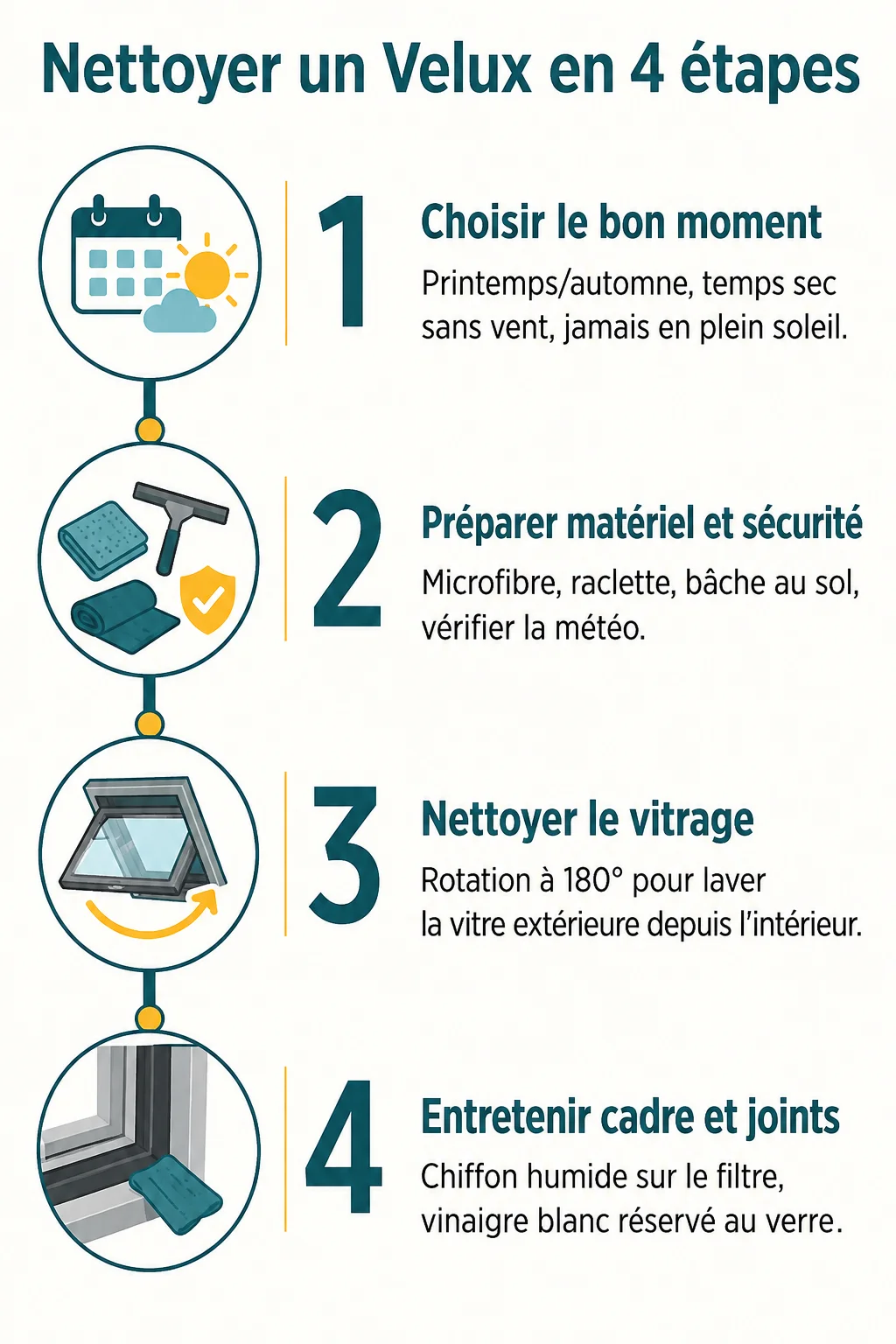 Nettoyer un Velux en 4 étapes : 1. Choisir le bon moment, 2. Préparer matériel et sécurité, 3. Nettoyer le vitrage, 4. Entretenir cadre et joints