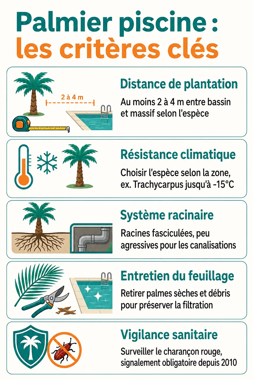Palmier piscine : les critères clés : Distance de plantation, Résistance climatique, Système racinaire, Entretien du feuillage, Vigilance sanitaire