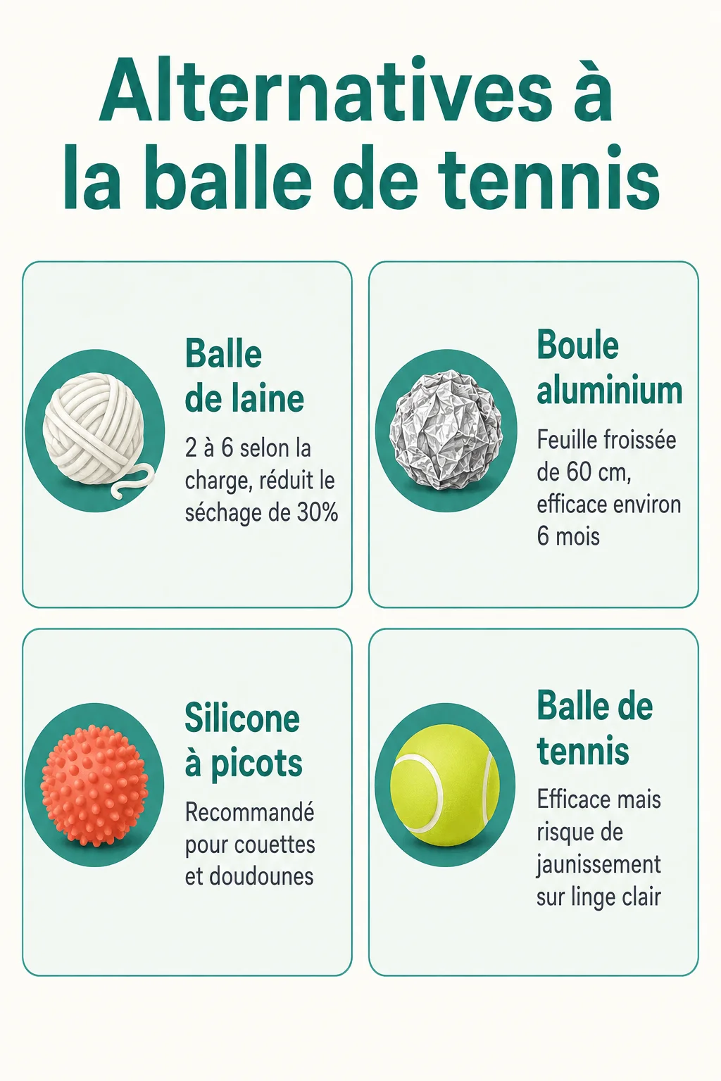 Alternatives à la balle de tennis : Balle de laine, Boule aluminium, Silicone à picots, Balle de tennis