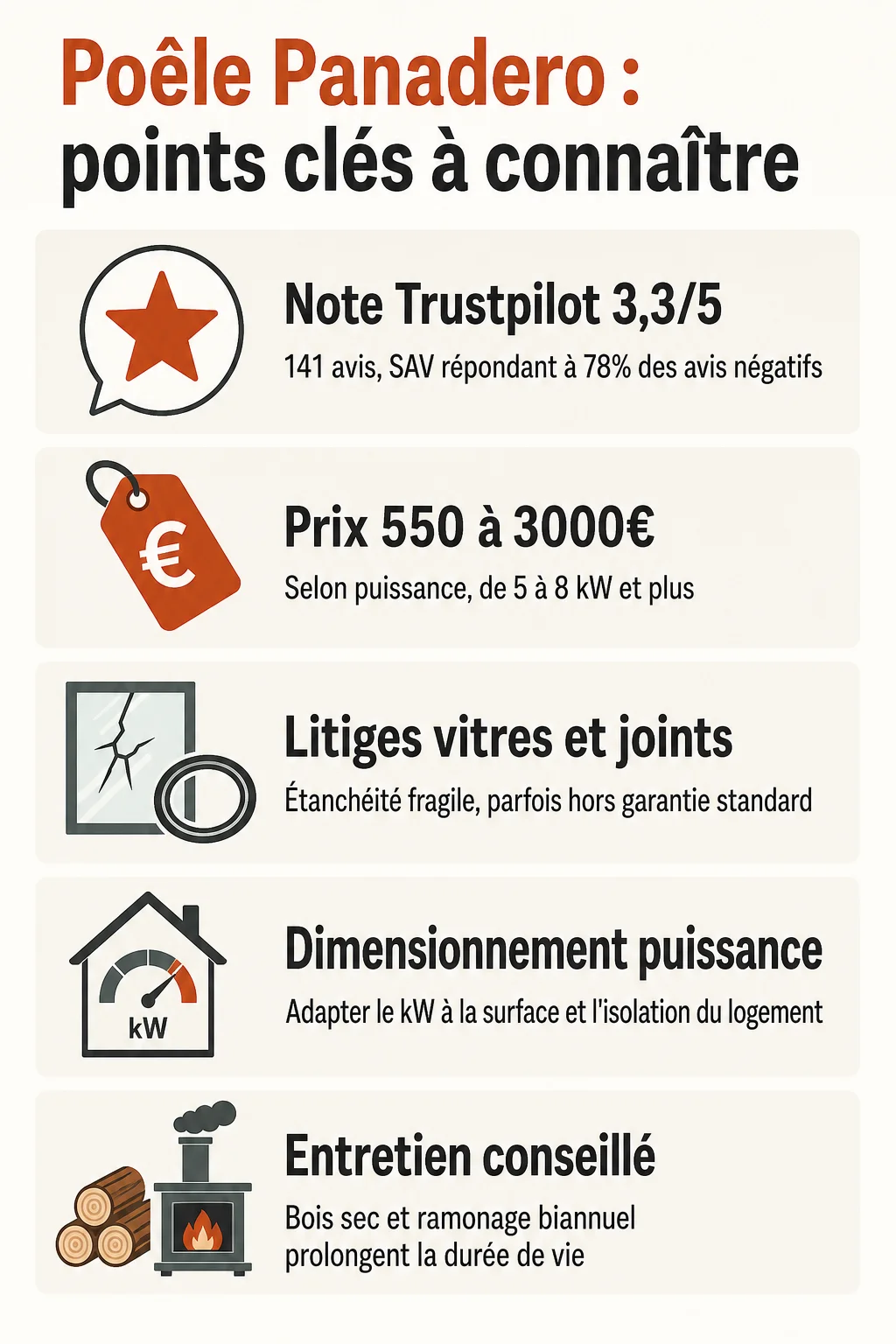 Poêle Panadero : points clés à connaître : Note Trustpilot 3,3/5, Prix 550 à 3000€, Litiges vitres et joints, Dimensionnement puissance, Entretien conseillé