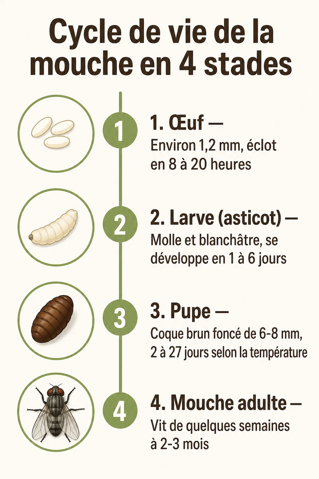 Cycle de vie de la mouche en 4 stades : 1. Œuf, 2. Larve (asticot), 3. Pupe, 4. Mouche adulte