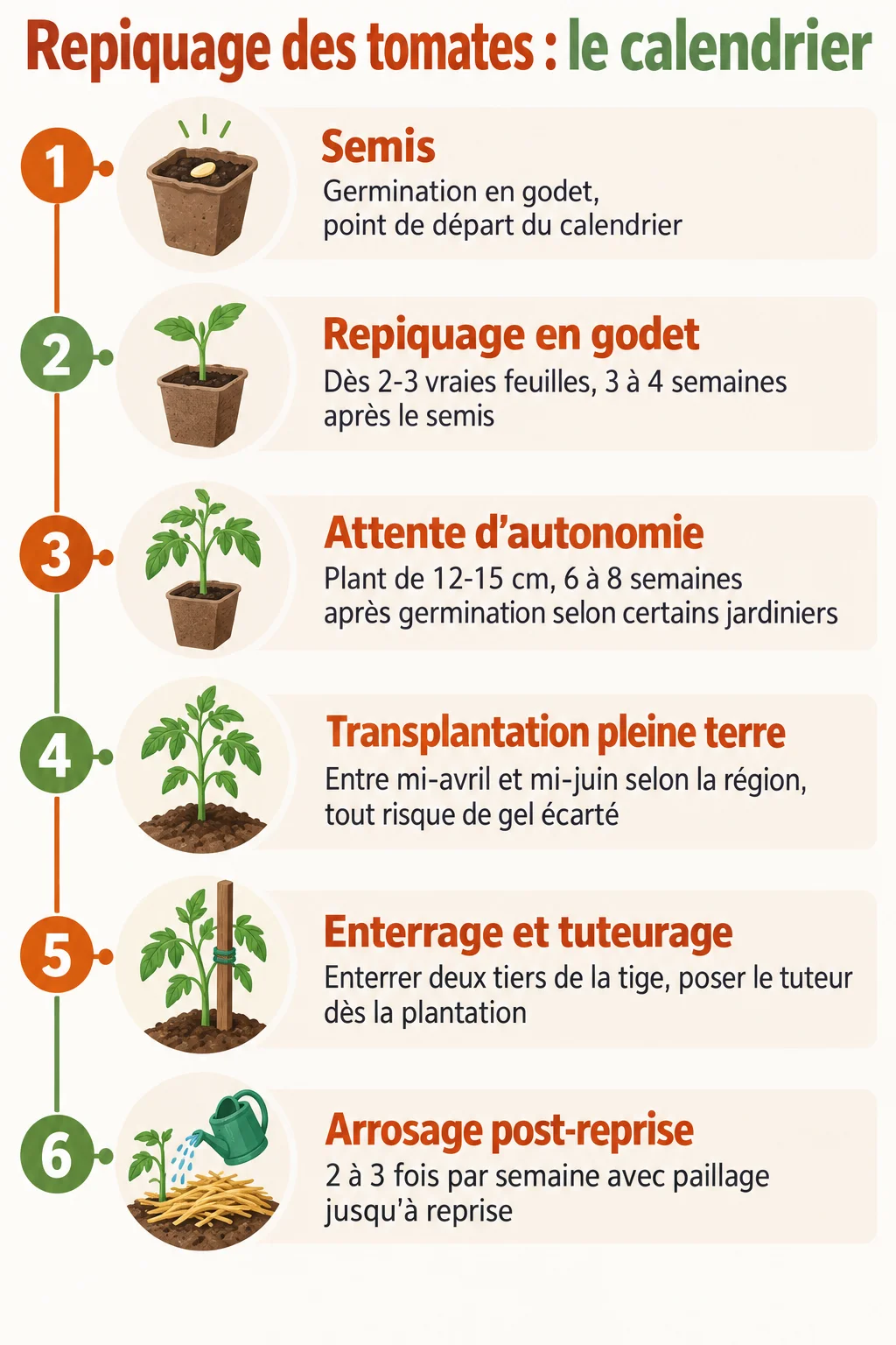 Repiquage des tomates : le calendrier : 1. Semis, 2. Repiquage en godet, 3. Attente d'autonomie, 4. Transplantation pleine terre, 5. Enterrage et tuteurage, 6. Arrosage post-reprise