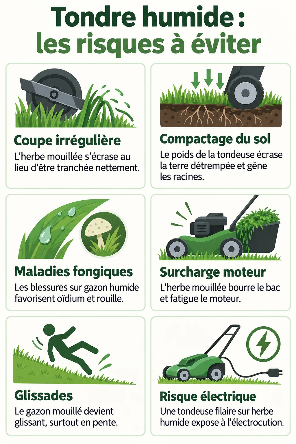 Tondre humide : les risques à éviter : Coupe irrégulière, Compactage du sol, Maladies fongiques, Surcharge moteur, Glissades, Risque électrique