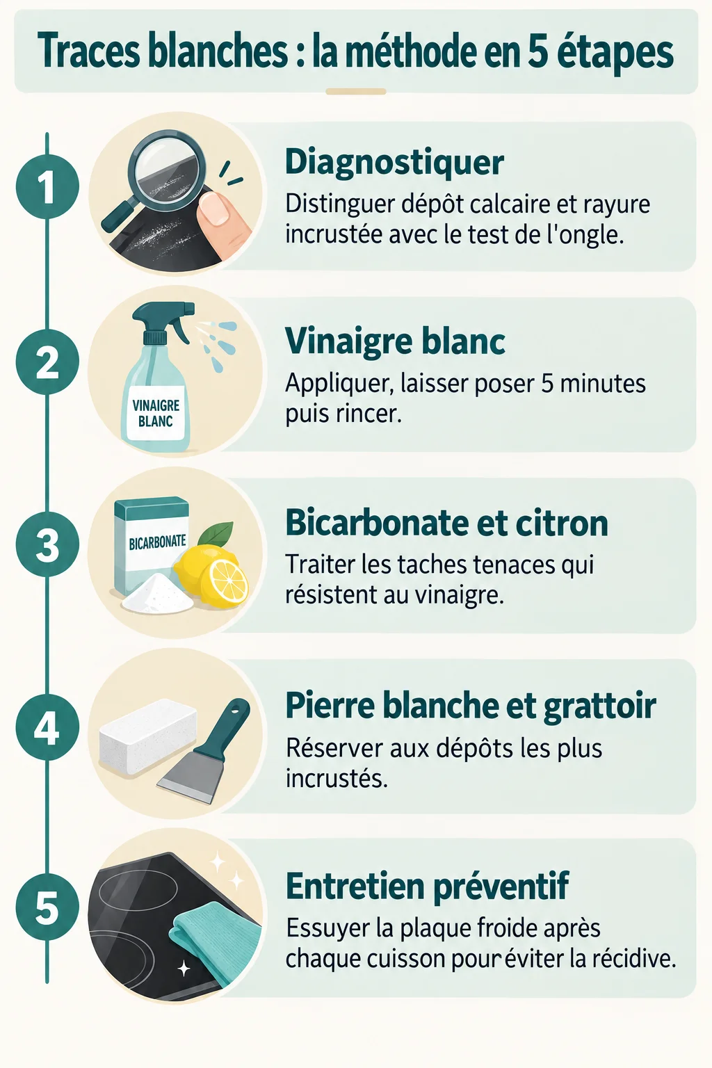 Traces blanches : la méthode en 5 étapes : 1. Diagnostiquer, 2. Vinaigre blanc, 3. Bicarbonate et citron, 4. Pierre blanche et grattoir, 5. Entretien préventif