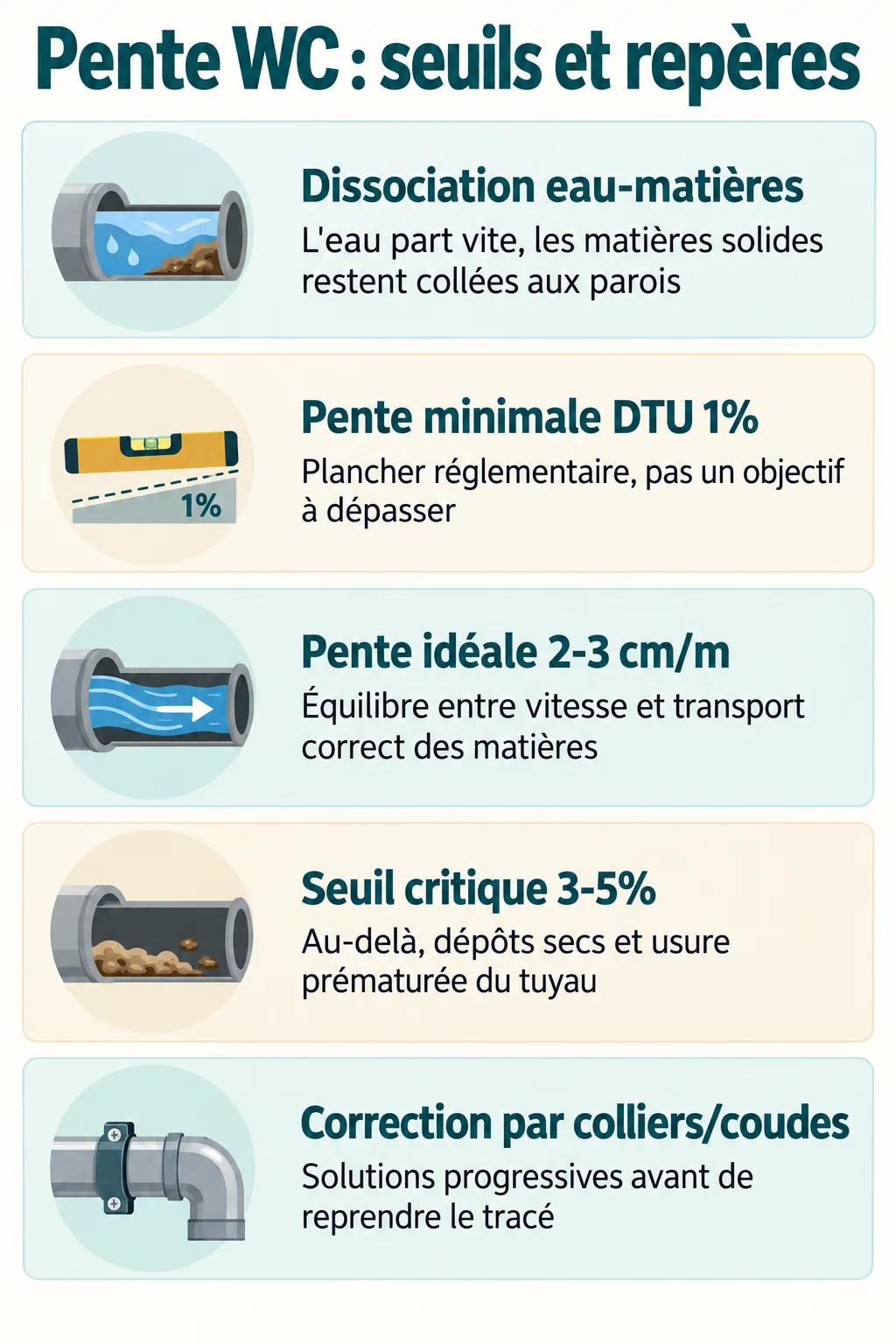 Pente WC : seuils et repères : Dissociation eau-matières, Pente minimale DTU 1%, Pente idéale 2-3 cm/m, Seuil critique 3-5%, Correction par colliers/coudes