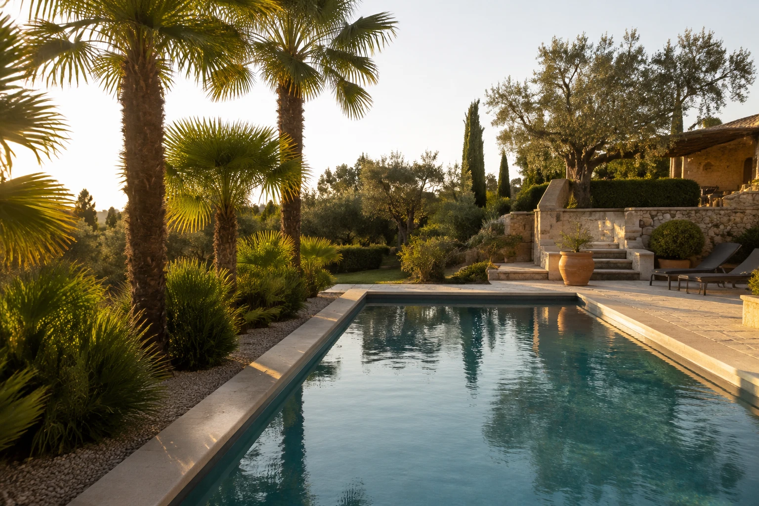 Palmiers plantés en retrait autour d'une piscine dans un jardin méditerranéen