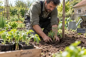 Jardinier repiquant un jeune plant de tomate en pleine terre au potager avec tuteur