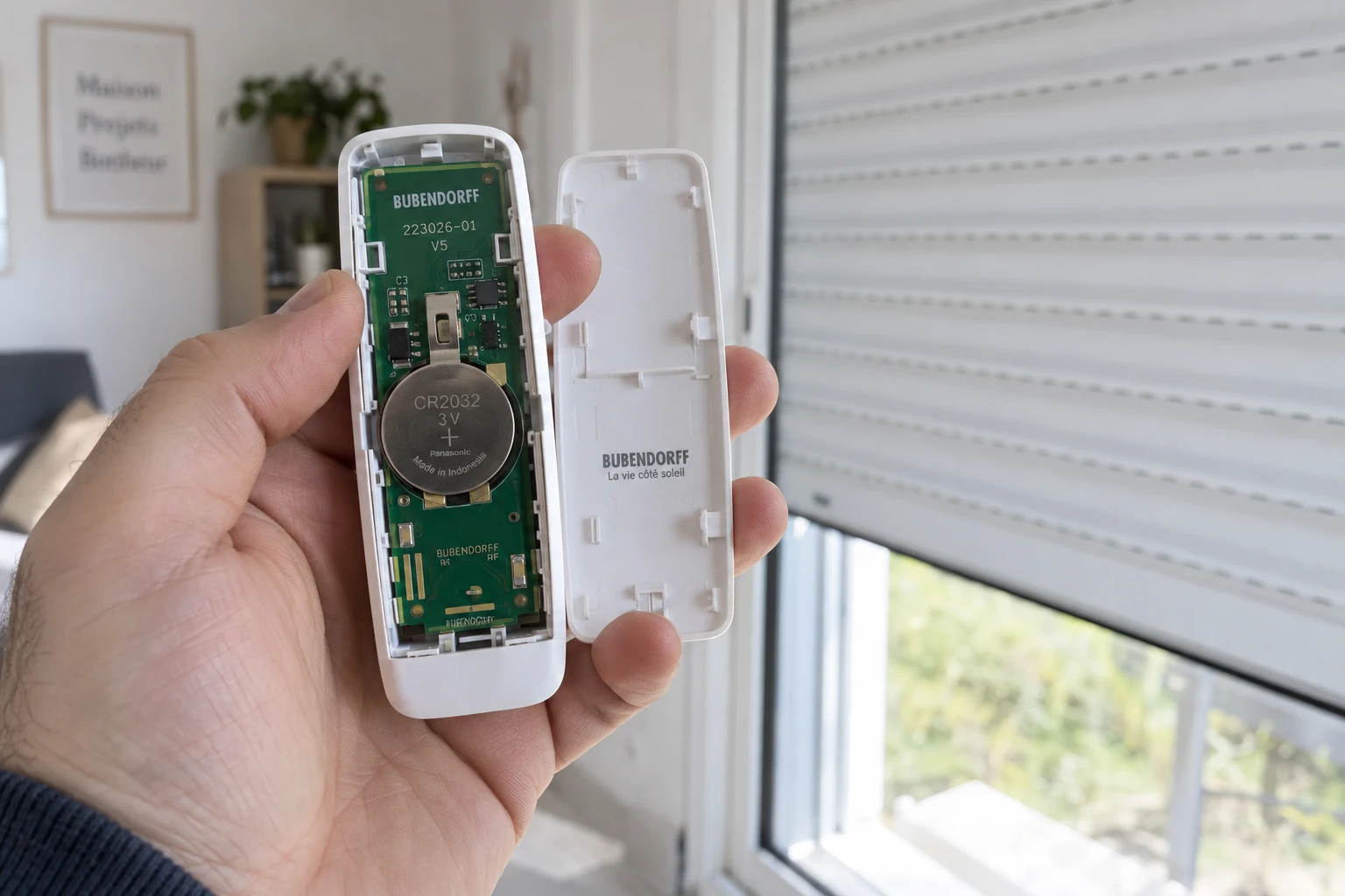 Télécommande Bubendorff ouverte montrant la pile CR2032 devant un volet roulant