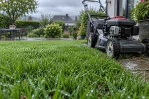 Pelouse humide couverte de gouttes de pluie avec une tondeuse posée en bordure du jardin