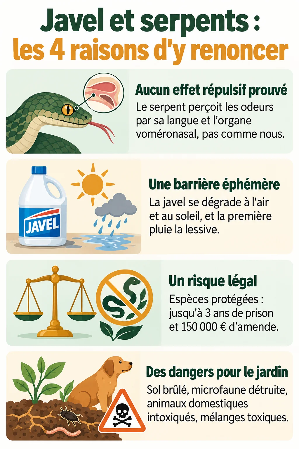Javel et serpents : les 4 raisons d'y renoncer : Aucun effet répulsif prouvé, Une barrière éphémère, Un risque légal, Des dangers pour le jardin
