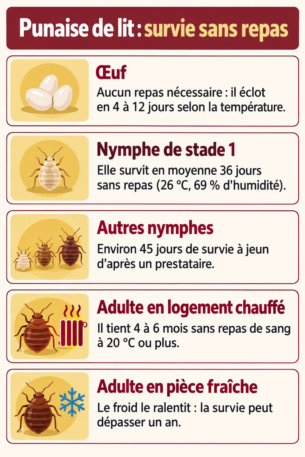 Punaise de lit : survie sans repas : Œuf, Nymphe de stade 1, Autres nymphes, Adulte en logement chauffé, Adulte en pièce fraîche