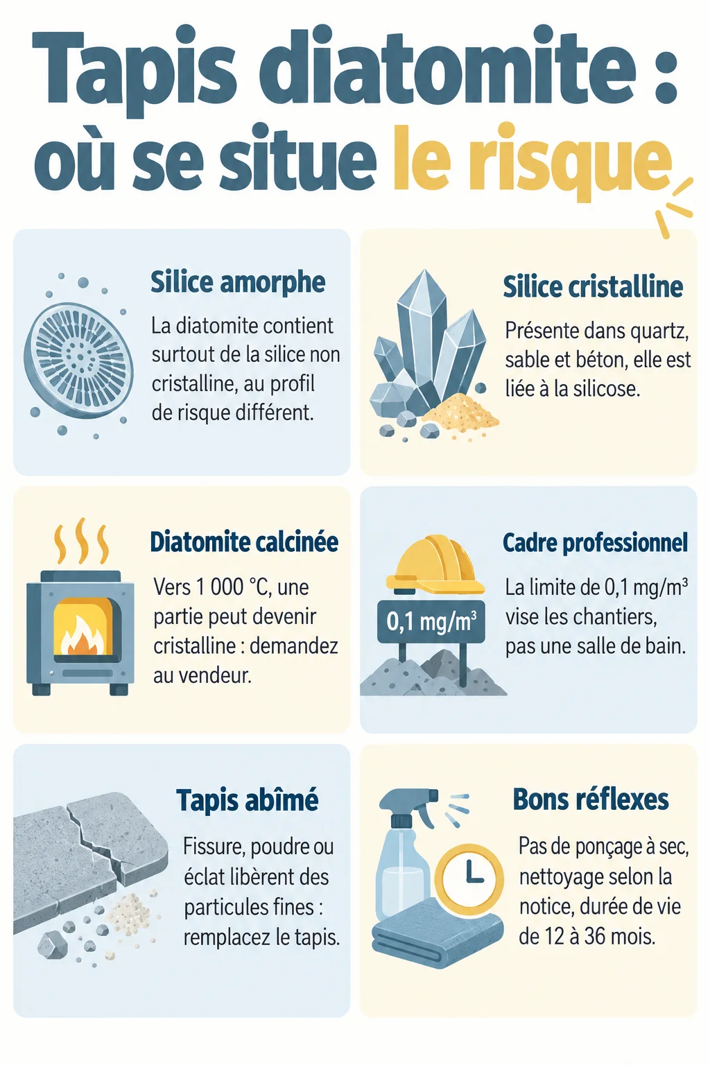 Tapis diatomite : où se situe le risque : Silice amorphe, Silice cristalline, Diatomite calcinée, Cadre professionnel, Tapis abîmé, Bons réflexes