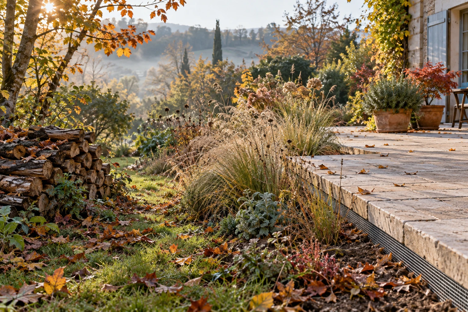 Jardin avec terrasse protégée par un grillage fin et tas de bois à éloigner pour dissuader les serpents