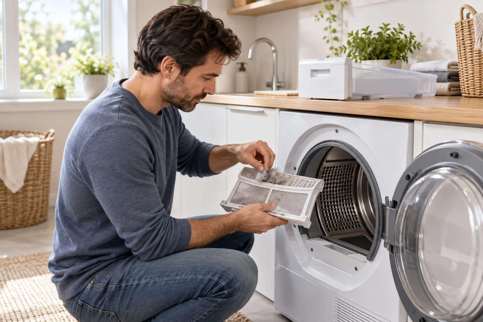 Nettoyage du filtre à peluches d'un sèche-linge pompe à chaleur dans une buanderie